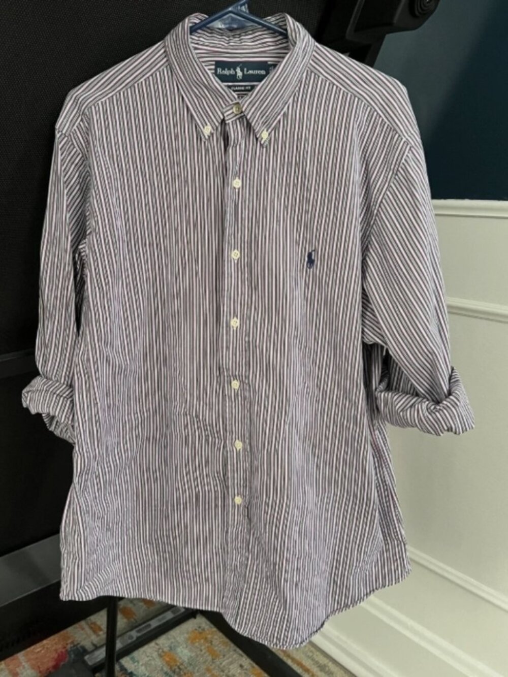Ralph Lauren Shirt Mens XL Extra Large 17 Purple Green White Striped Button Down